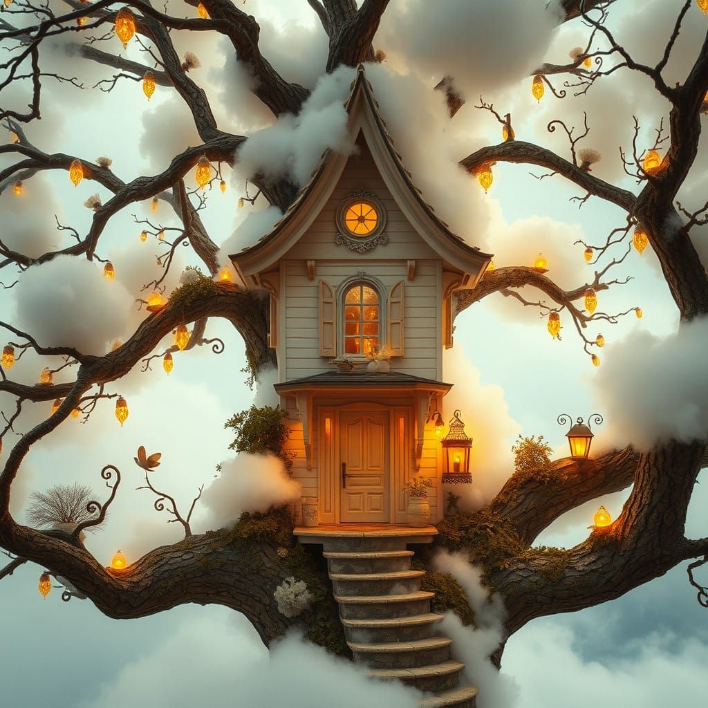Whimsical Cloud Tree Cottage in Victorian Fairy Style
