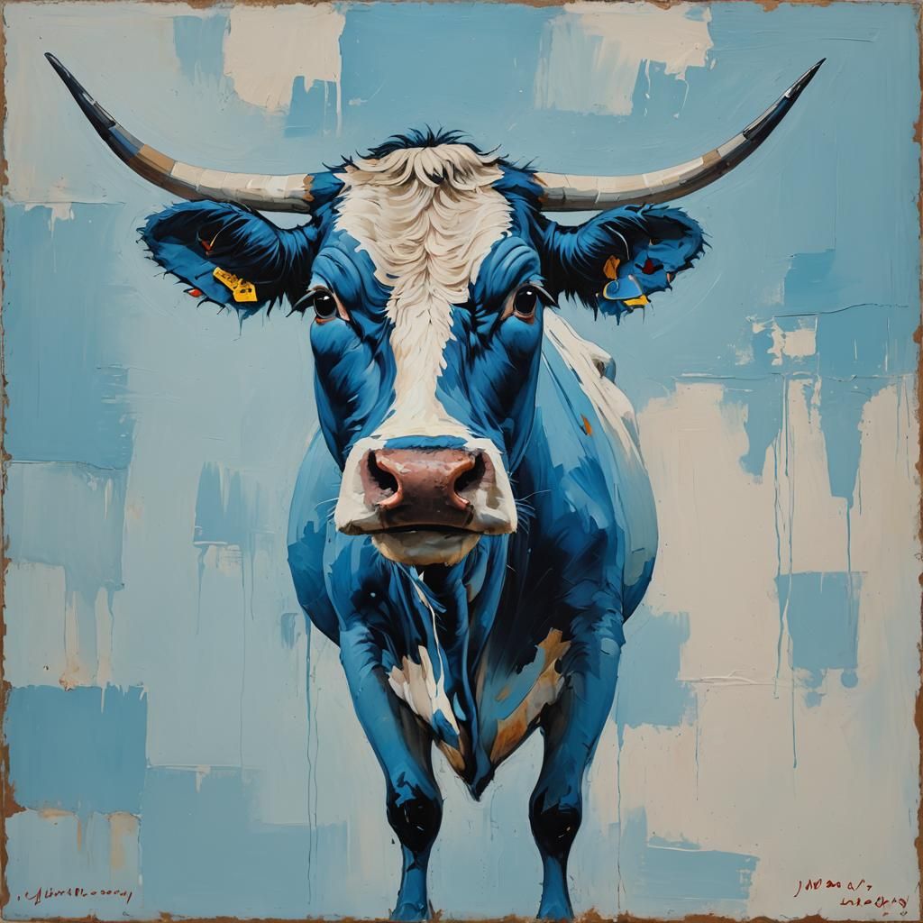 Blue Cow in Abstract Minimalist Style