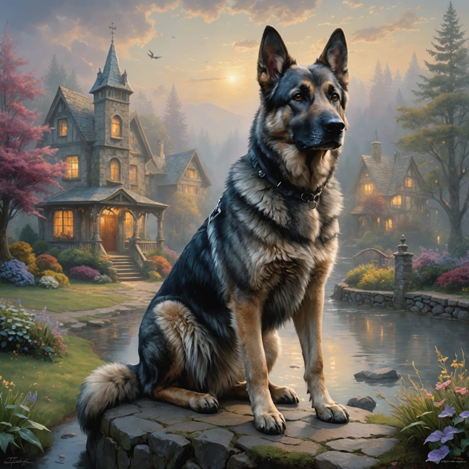 Grey German Shepherd Guarding Home in Ethereal Style