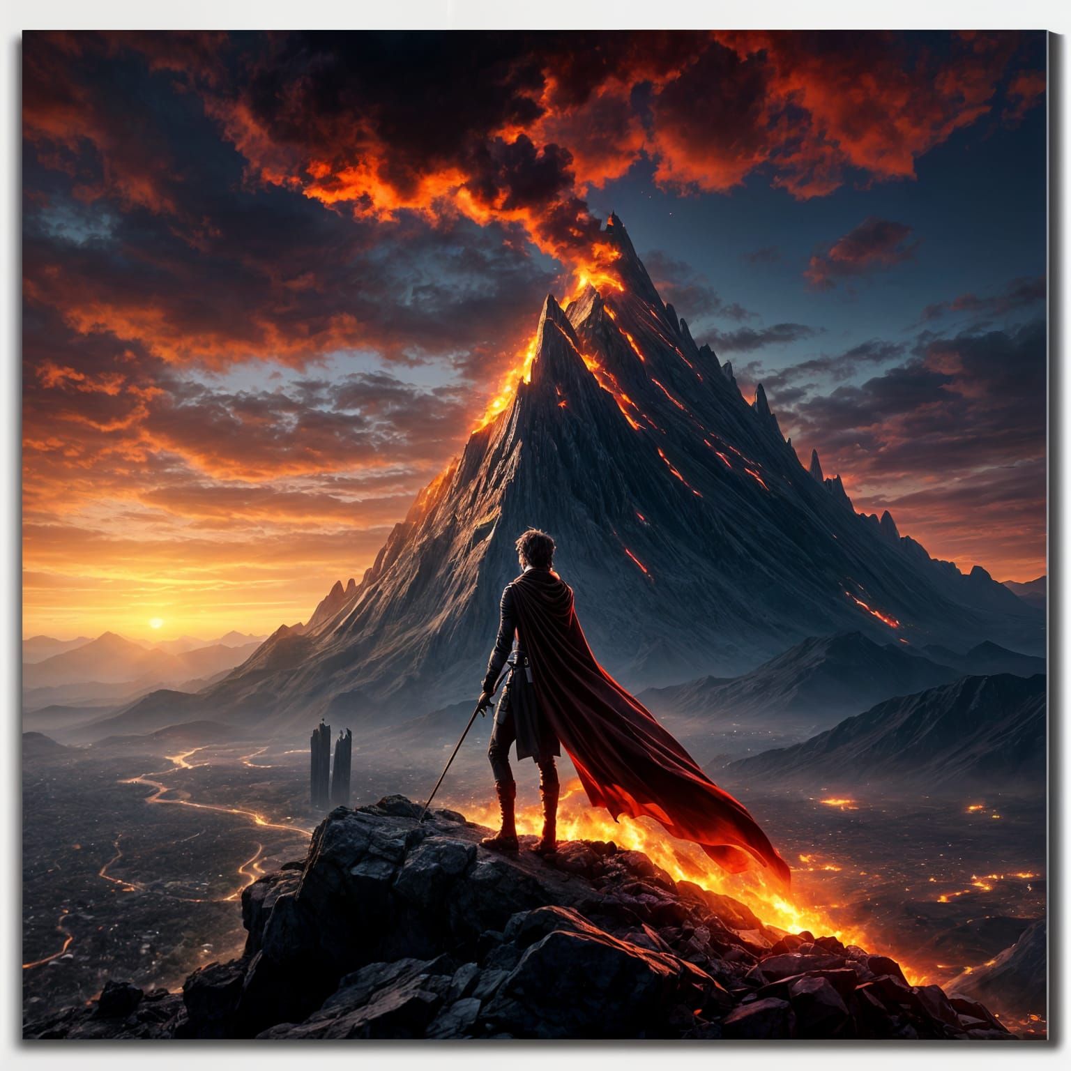 Hero with Glowing Eyes on Mountain Peak