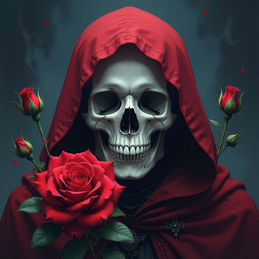 Skull in Crimson Hood with Red Rose, Gothic Art