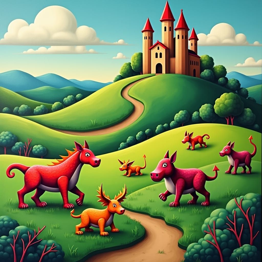 Cubist Fantasy Creatures Roaming in a Field