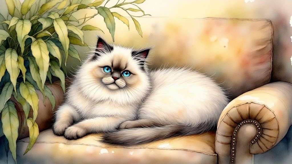 Whimsical Ragdoll Cat in Watercolor Style