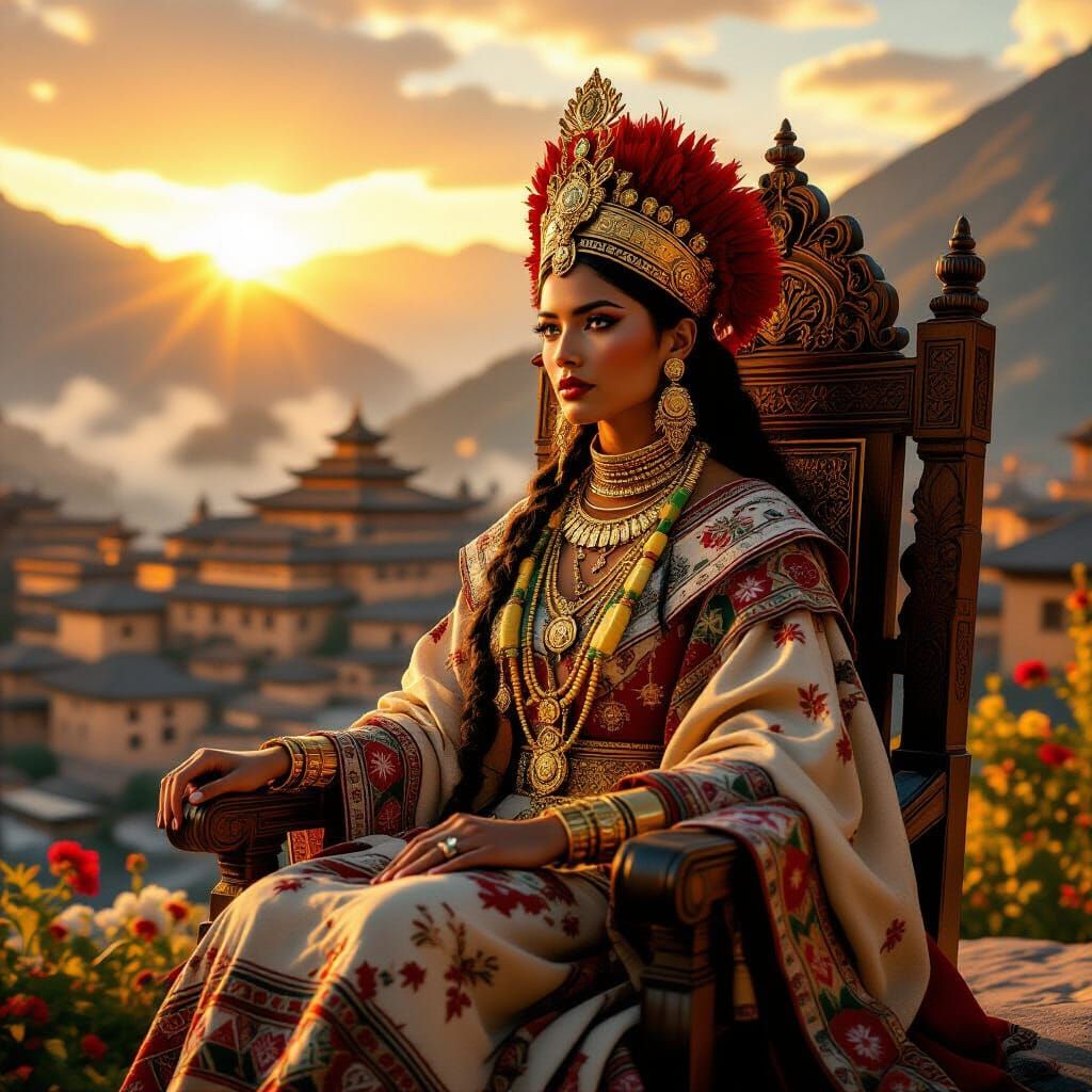Incan Queen Overlooking Andean City in Hyperrealism