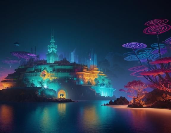 Tropical Cyberpunk Fortress on Volcanic Island