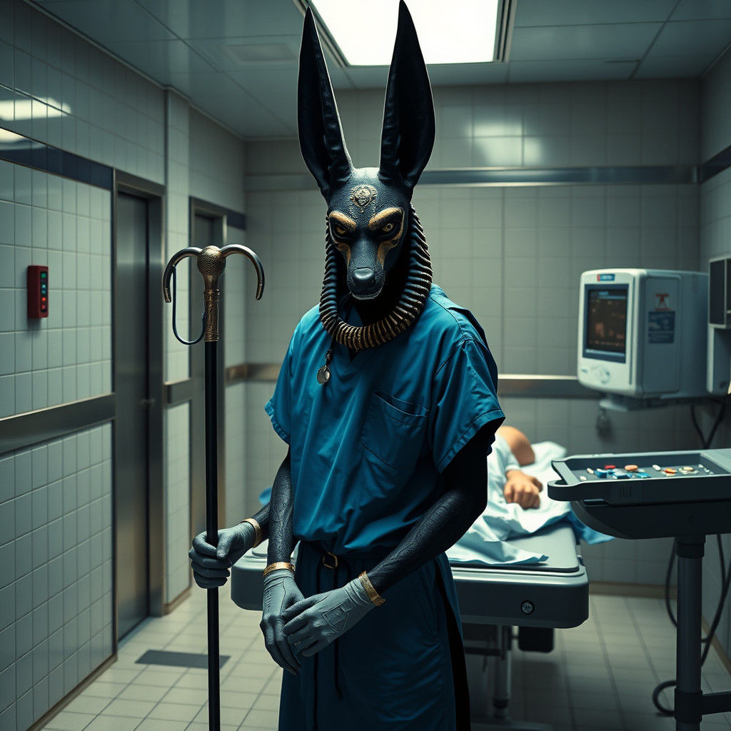 Anubis as Mortician in Modern Hospital, Dark Fantasy Style