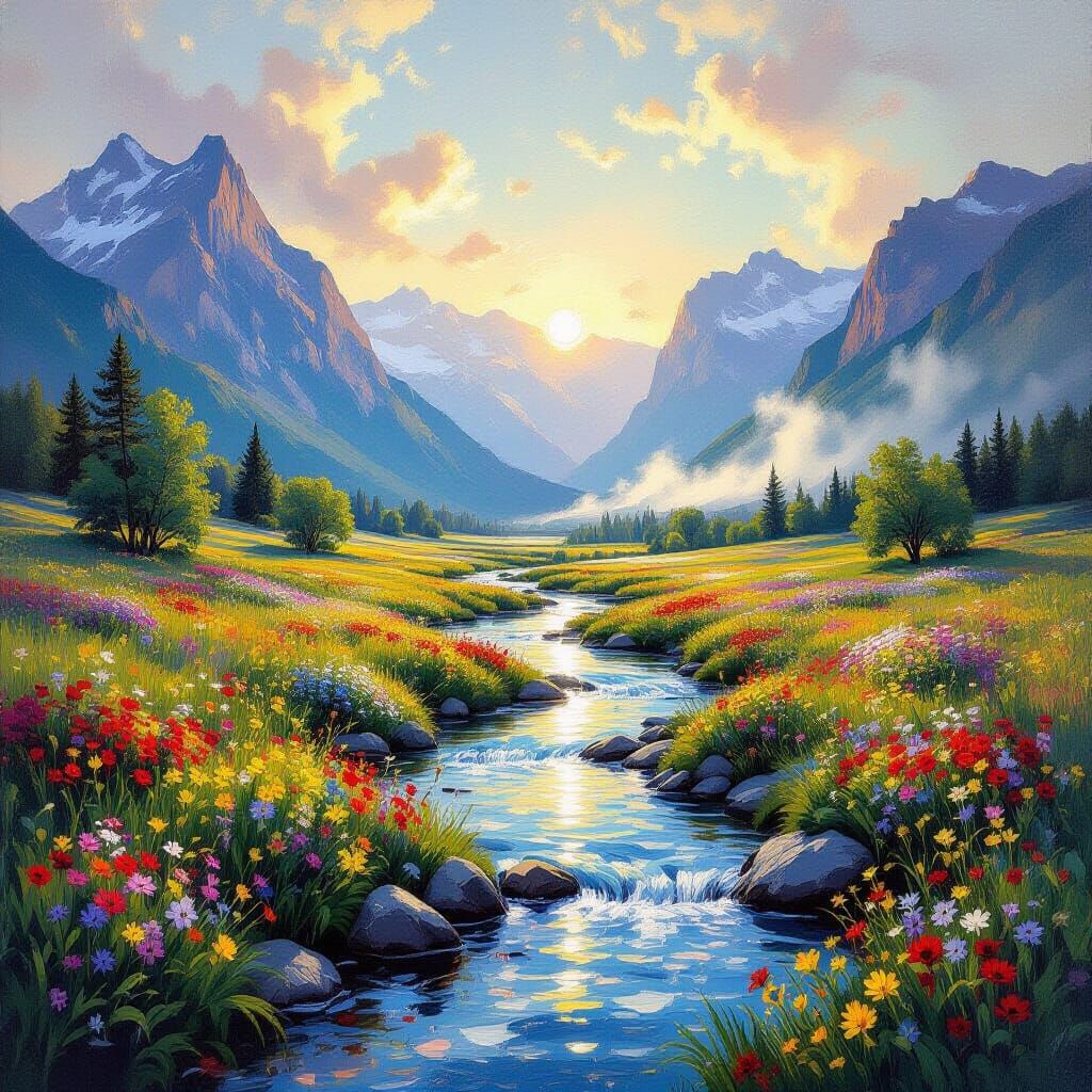 Majestic Mountain Landscape with Wildflowers in Impressionis...