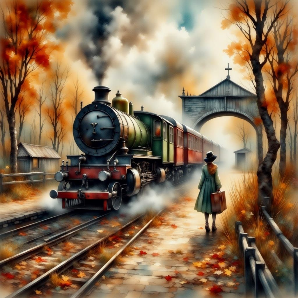 Vintage Train Arrival in Antique Watercolor Style
