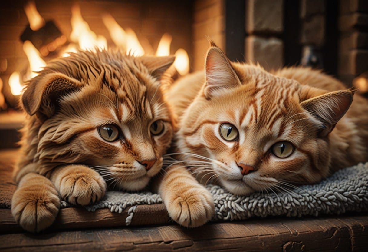 Whimsical 3D Illustration of Adorable Cat and Dog in Front o...