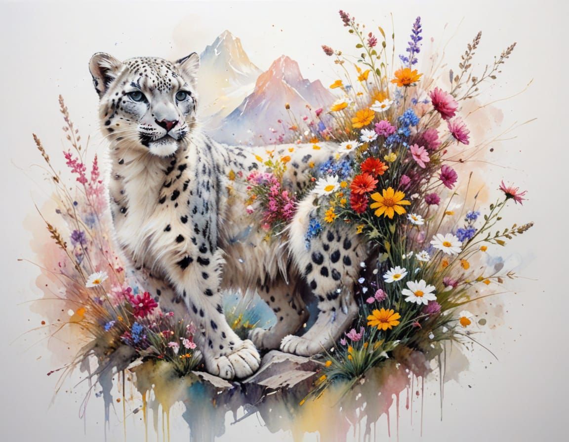 Playful Snow Leopard Among Wildflowers on Sunlit Mountain