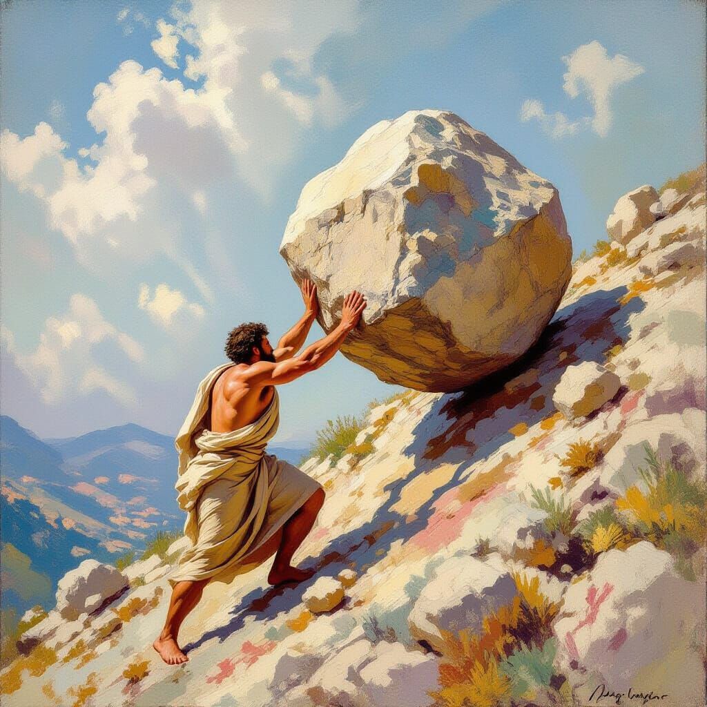 Sisyphus Pushing Boulder in Impressionist Style