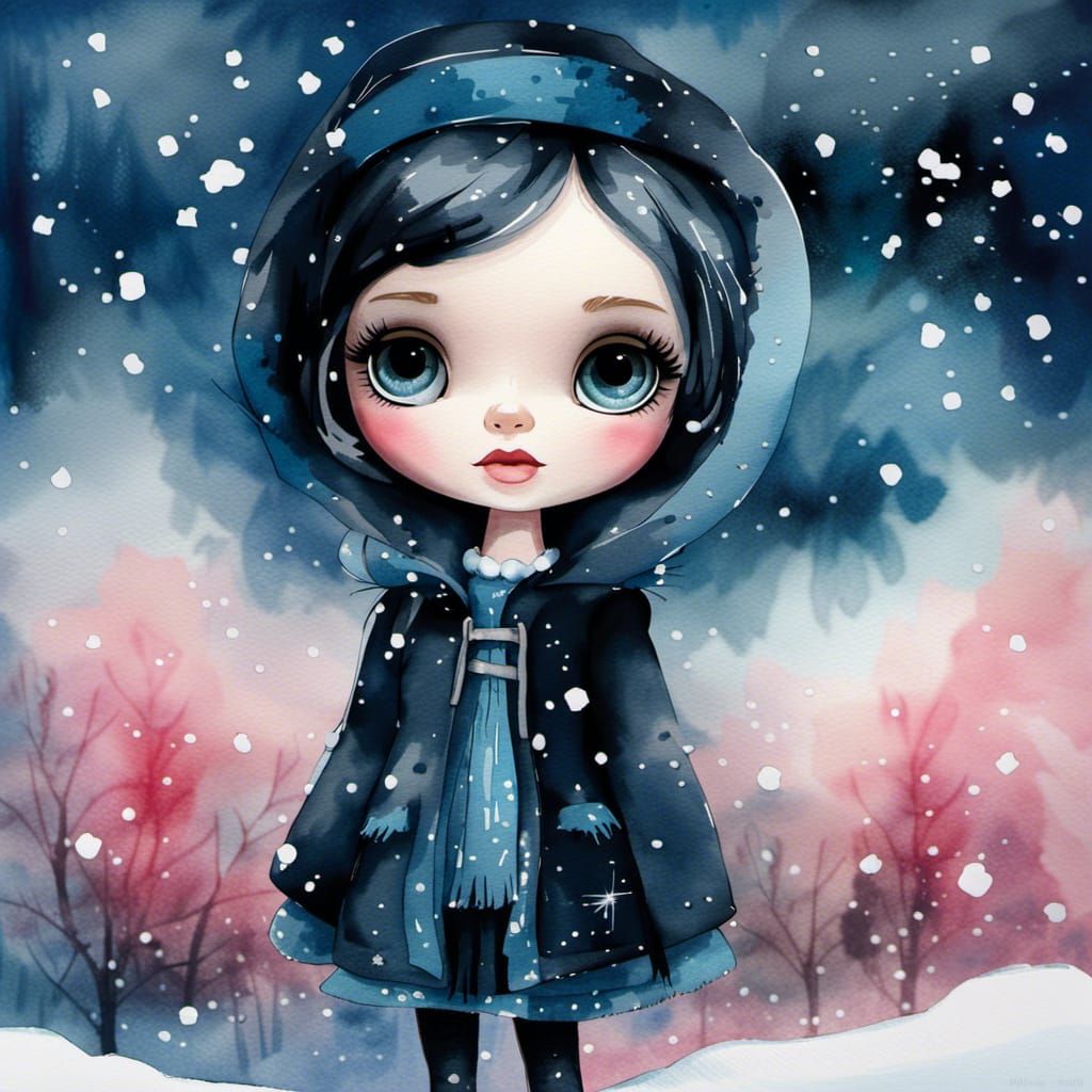 Snowy Blythe Doll Portrait in Watercolor Art Style