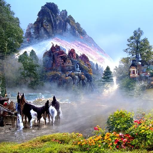 Ethereal Misty Mountain Landscape with Sister Queens