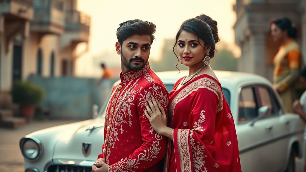 South Asian Couple in Red Sherwani and Saree