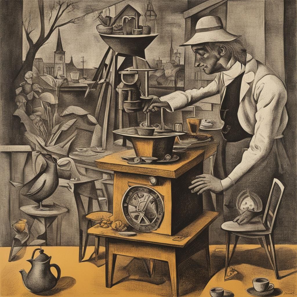 Surrealist Coffee Grinder Lithograph in Dada Style