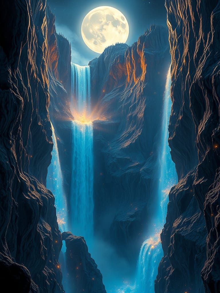 Sapphire Falls in Hyperrealistic Neon Glow