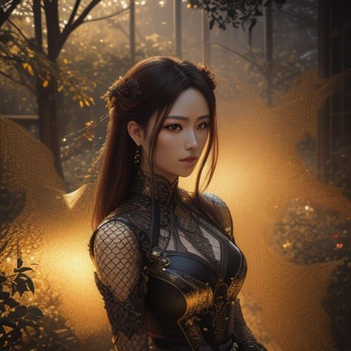 Anime Woman in Amber Dress: Hyperrealistic Digital Art