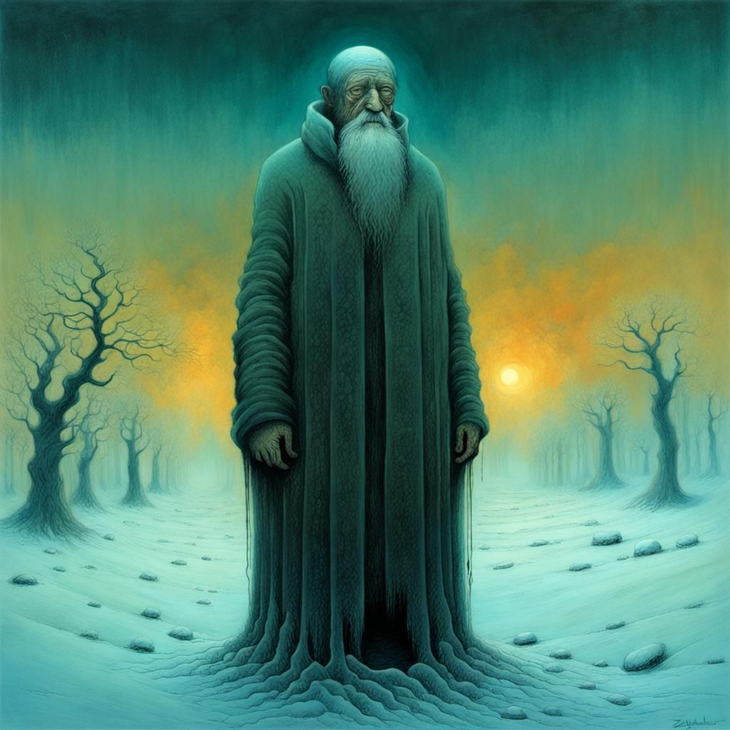 Mysterious Old Man in Dark Winter Landscape