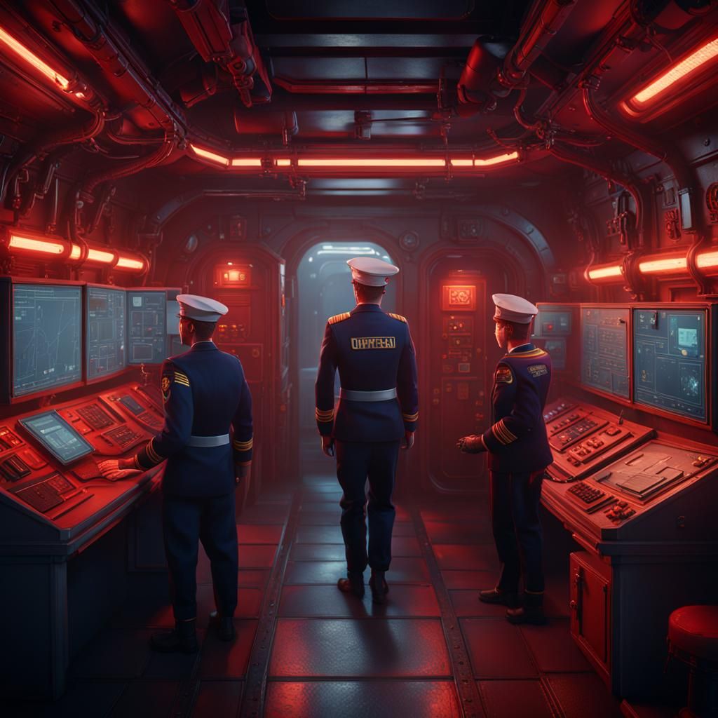 Navy Officers in Submarine Under Emergency Lighting