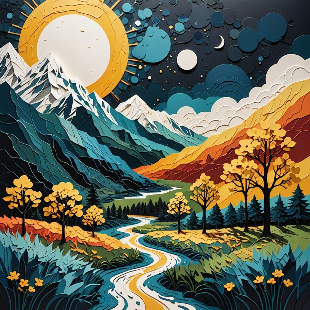 Dual Landscape Art: Sunny Day Meets Night in Textured Paper
