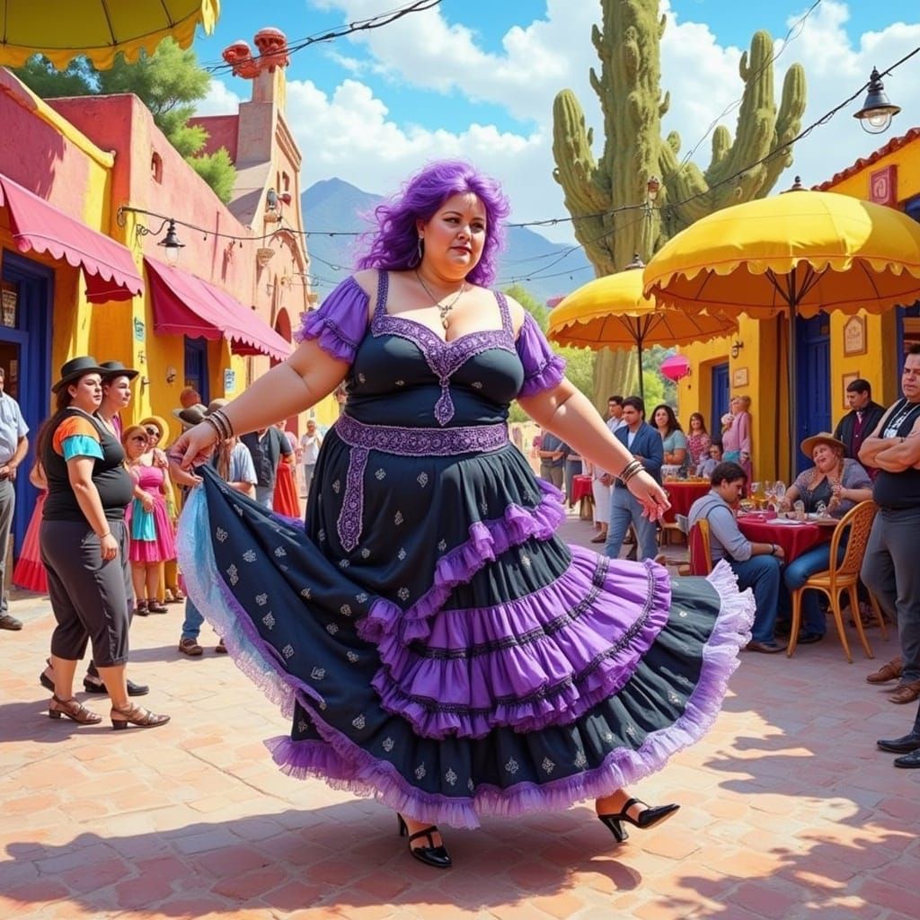 Woman in Goth Dress Dancing at Fiesta, Watercolor