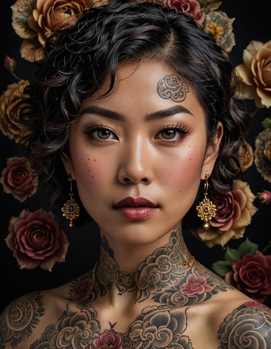 Stunning Asian Woman Portrait with Tattoos, Hyperrealistic P...