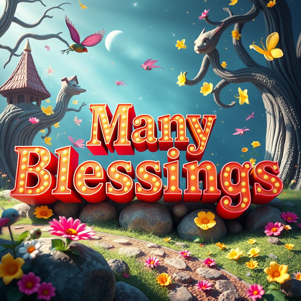 Brilliant 3D 'Many Blessings' on Whimsical Background