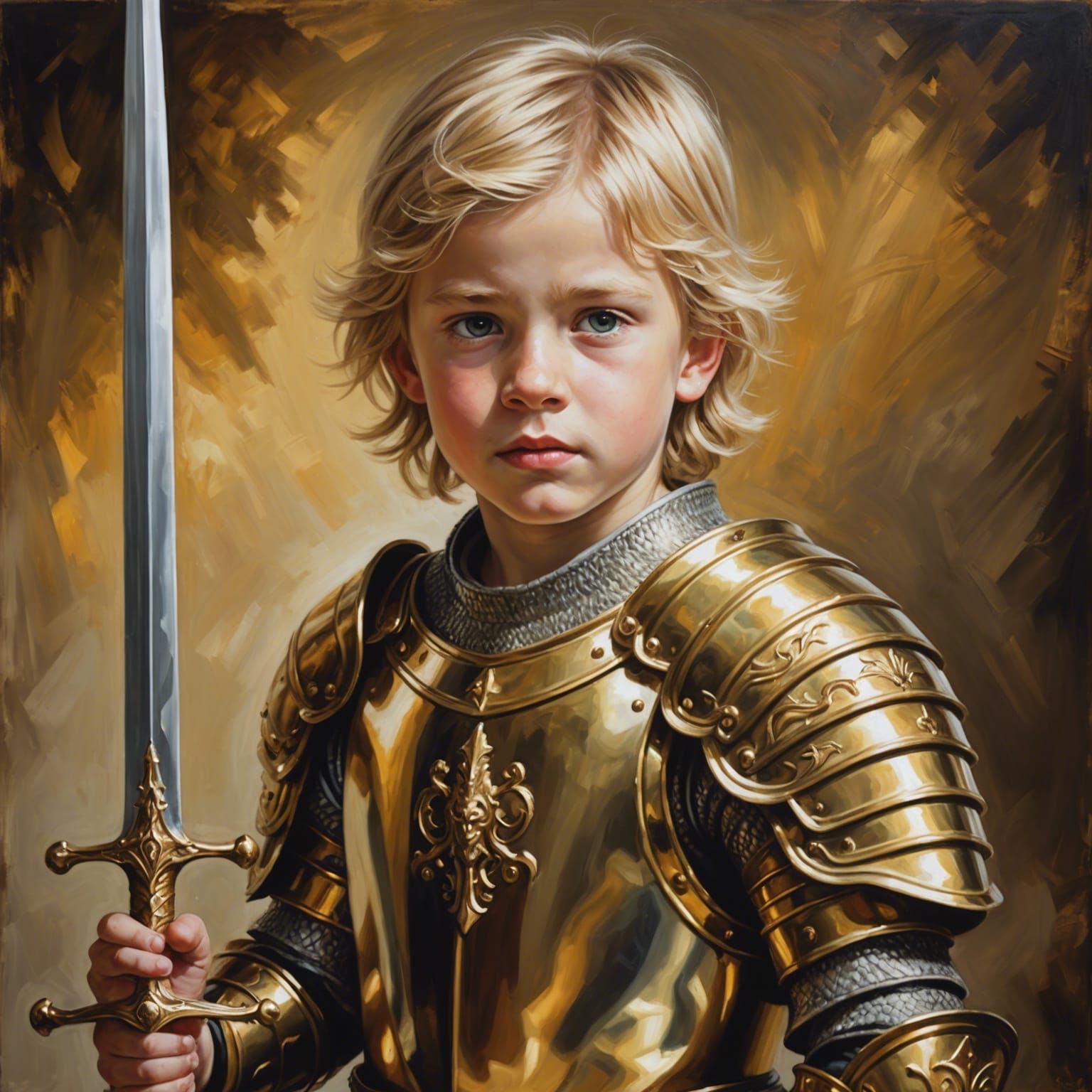 Young Blond Boy Warrior in Gold Armor: Oil Painting