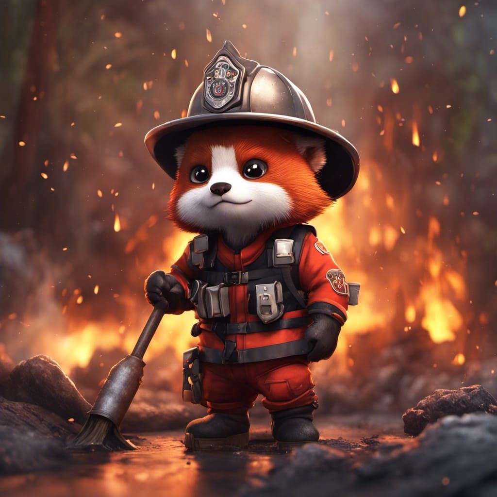 Chibi Red Panda Firefighter in Detailed Matte Painting