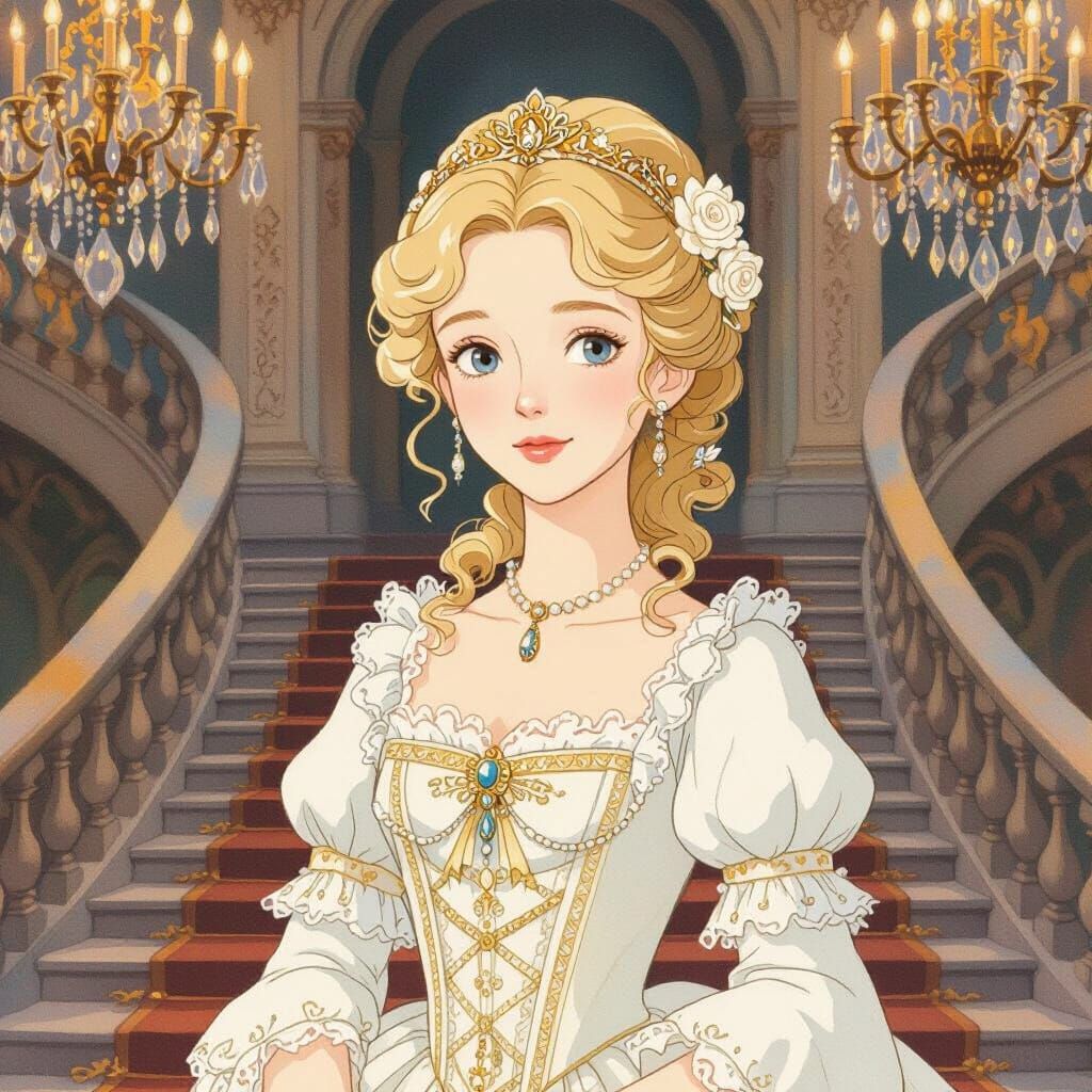 Elegant Noblewoman in Ballroom, Studio Ghibli Style