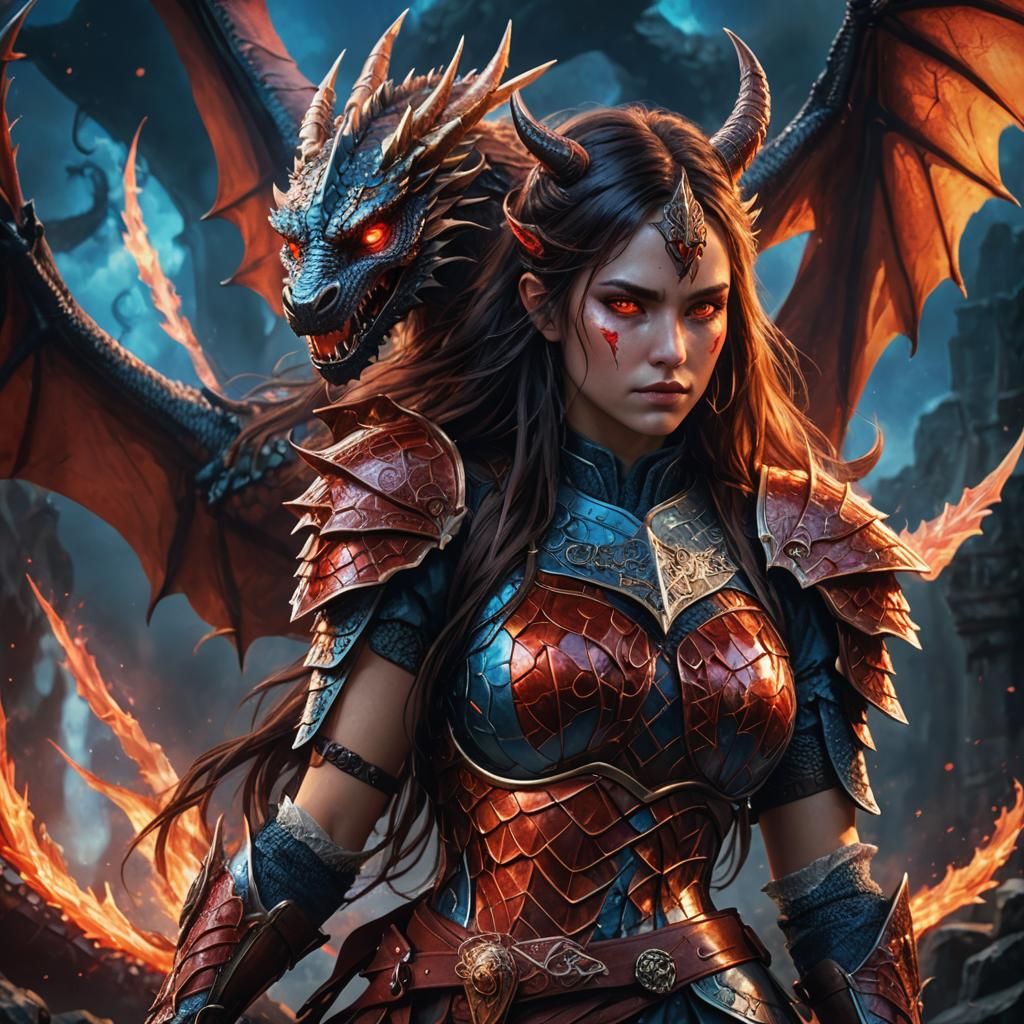 Heroic Dragon Woman with Fiery Accents