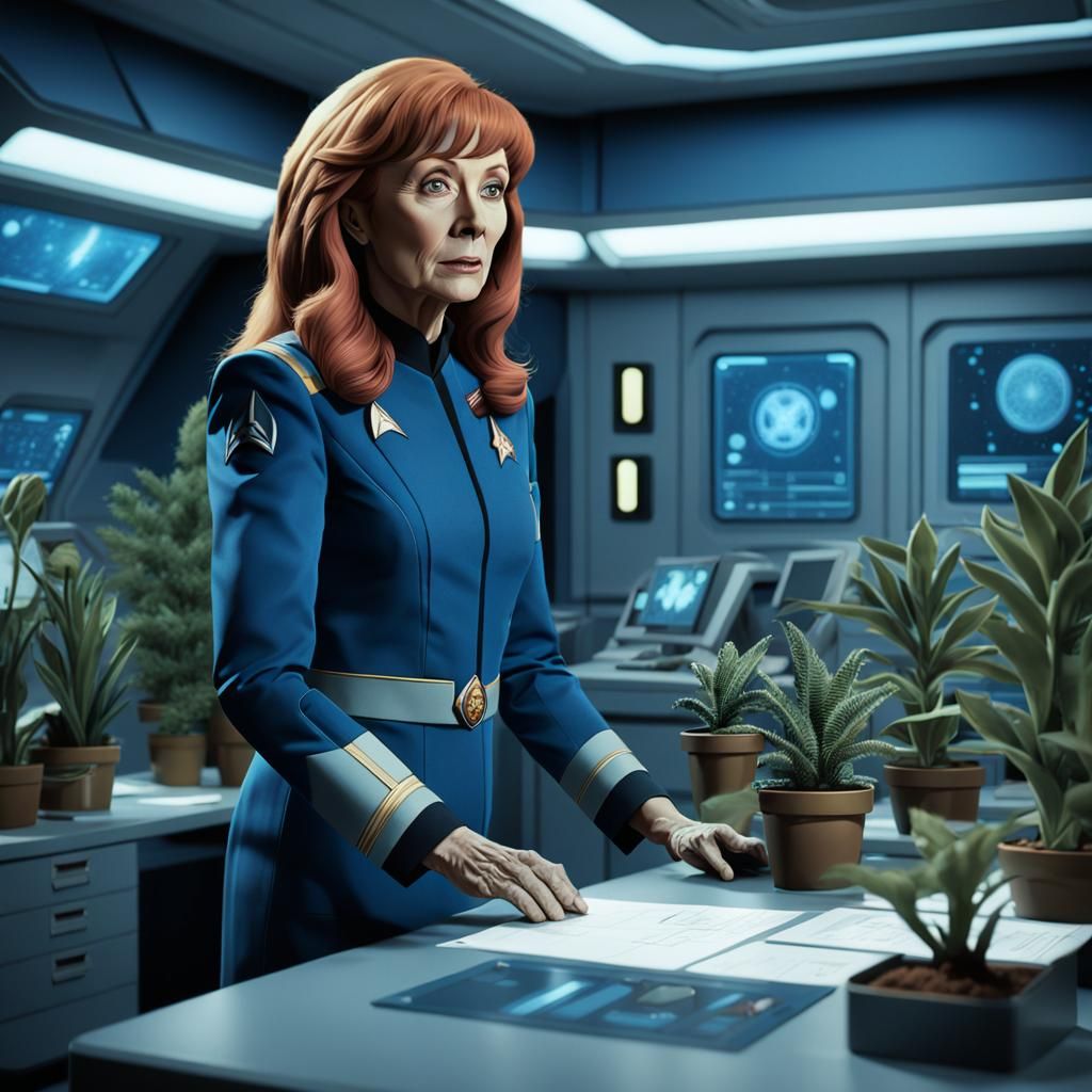 Beverly Crusher Studies Alien Plants in Starfleet Office