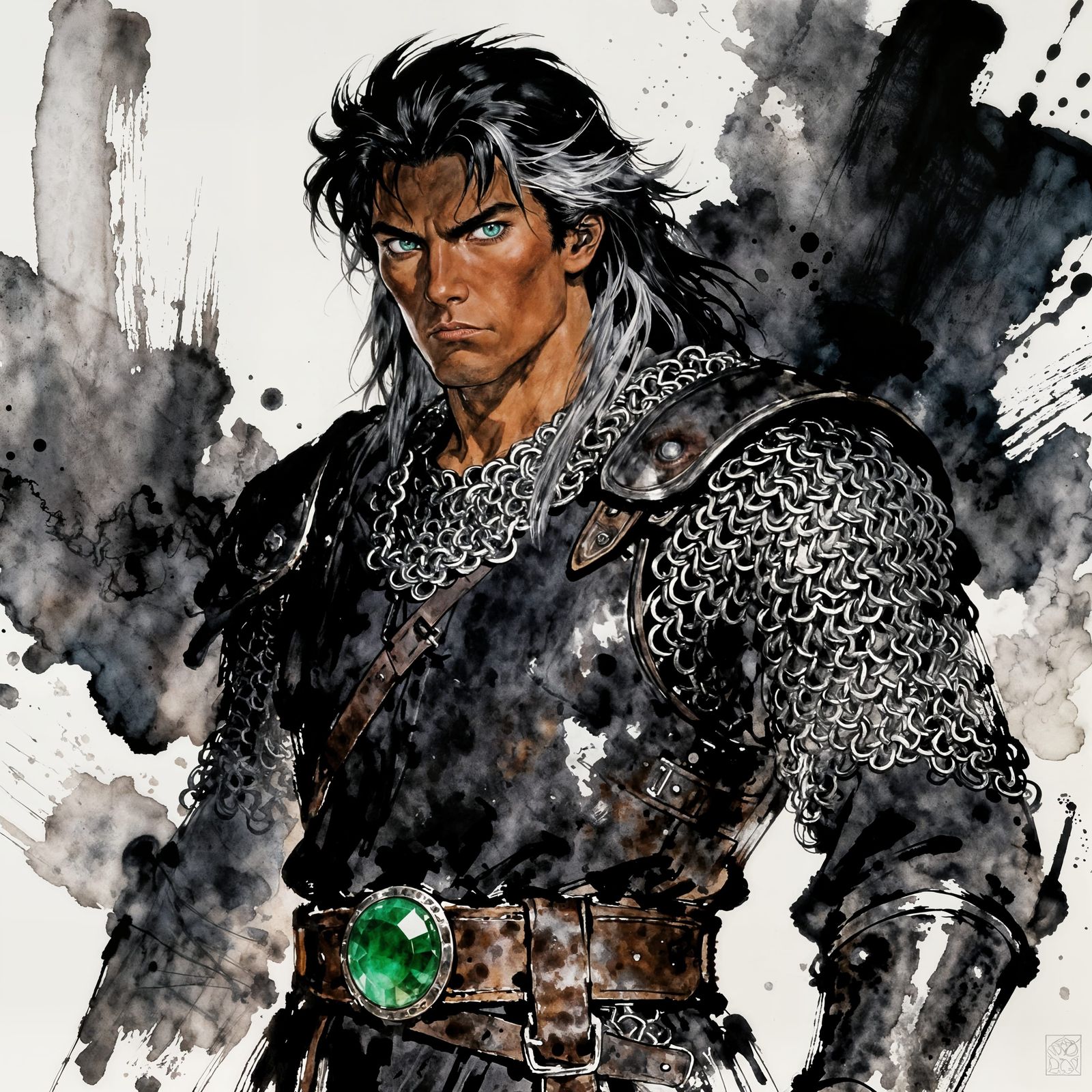 D&D Warrior with Green Eyes and Grey Streaks