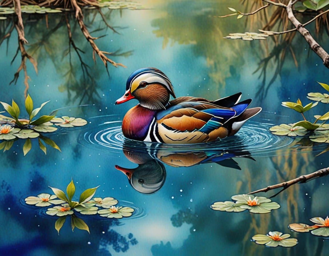 Mandarin Duck Soars Above a Serene Blue Lake