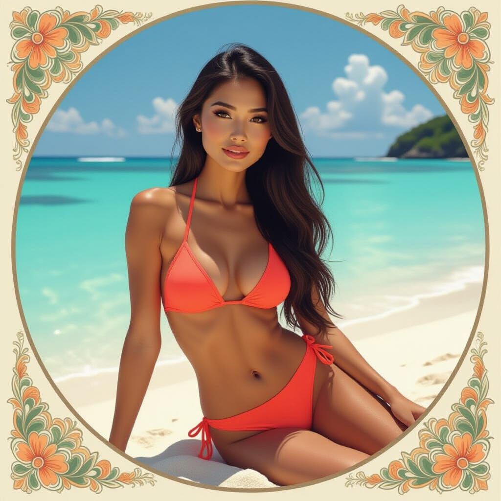 Asian Woman on Beach in Art Nouveau Style