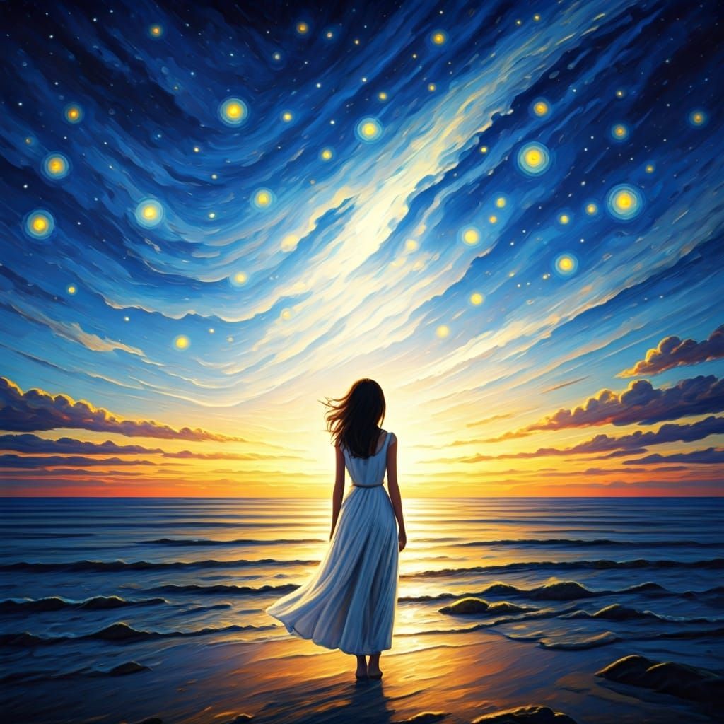 Woman Gazing at Starry Night Sky as Impressionist Painting