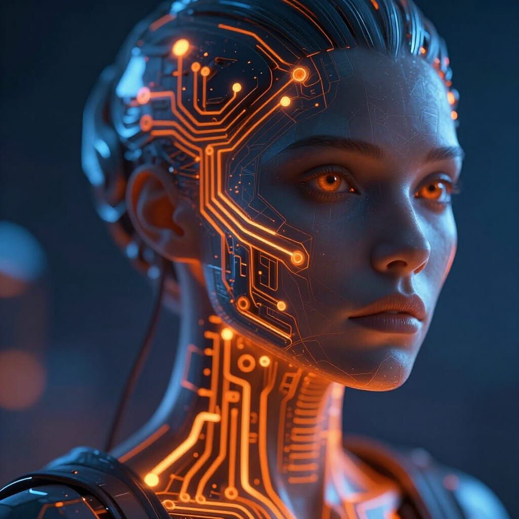 Oracle Program Portrait with Pulsing Orange Circuits