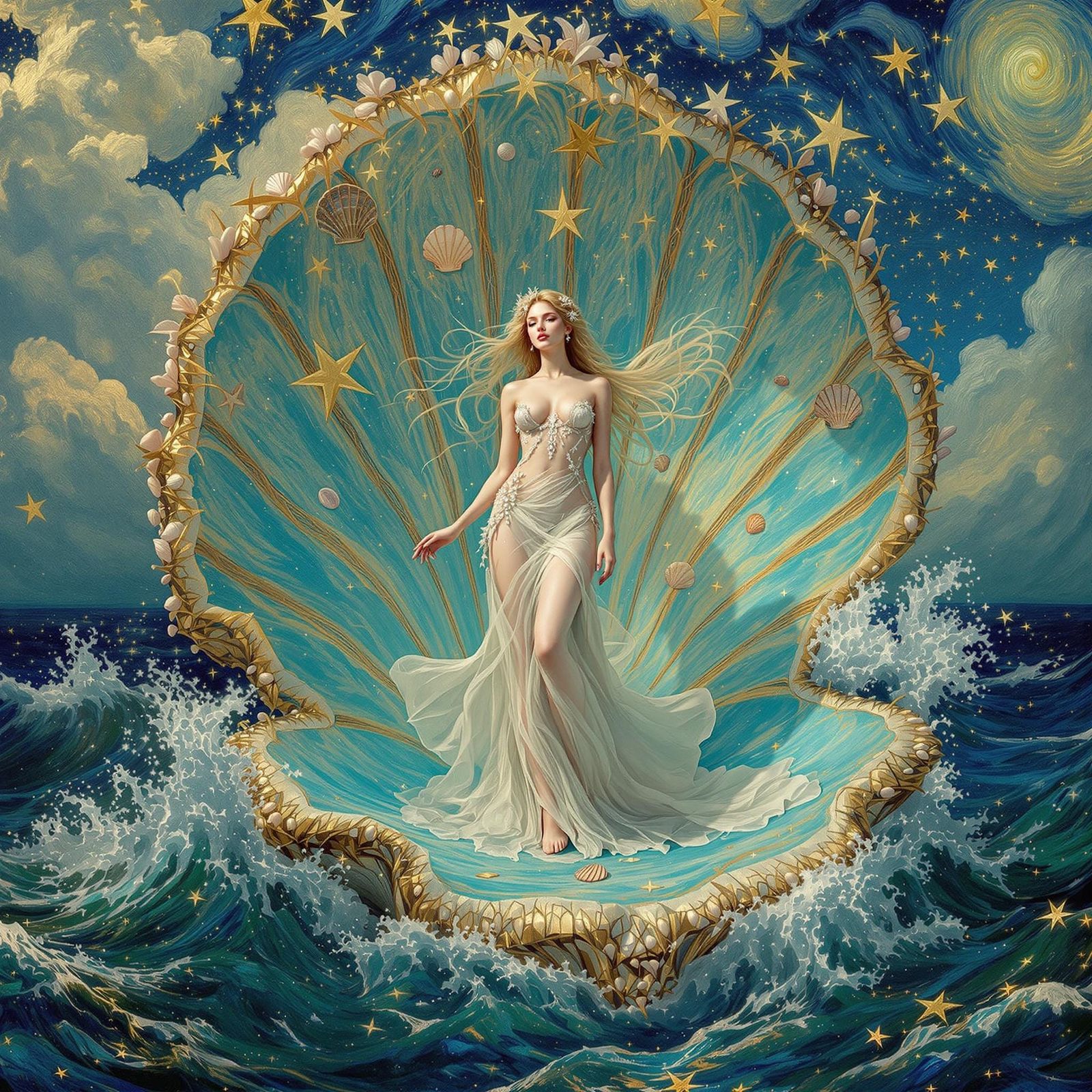 Renaissance Goddess Rises into Starry Night Sky