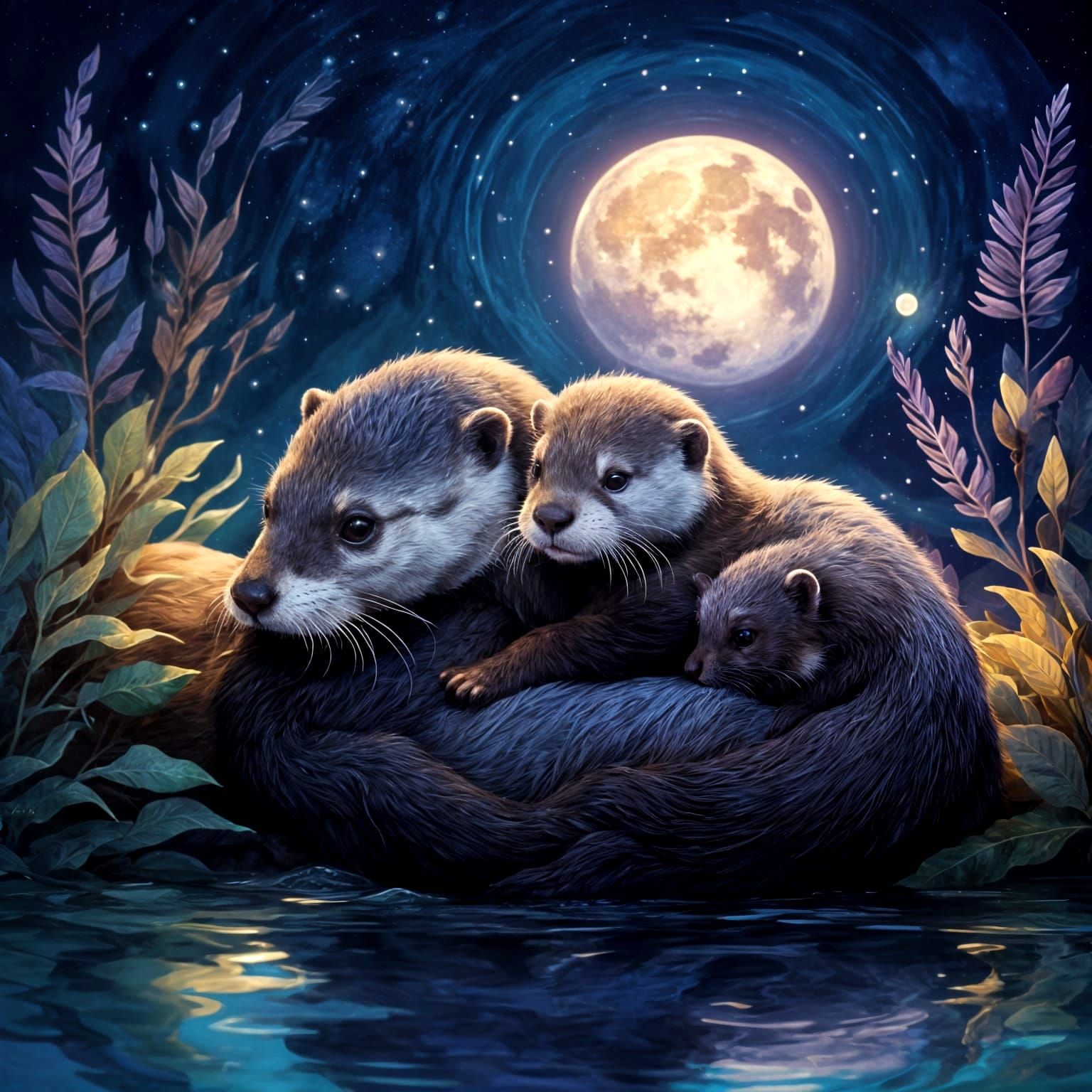 Mother and Baby Otter Under Moonlight