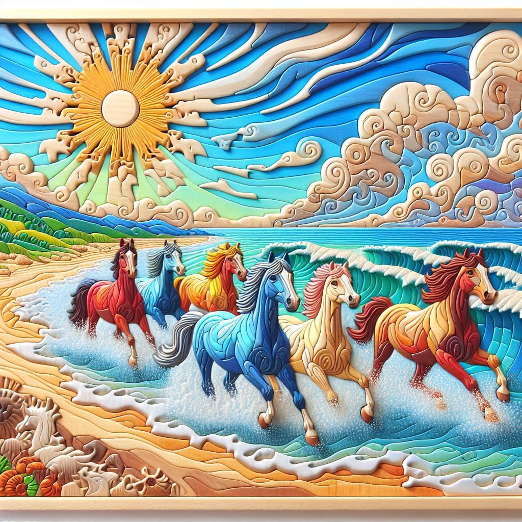Horses Gallop on Sunny Shore: 3D Wooden Bas-Relief