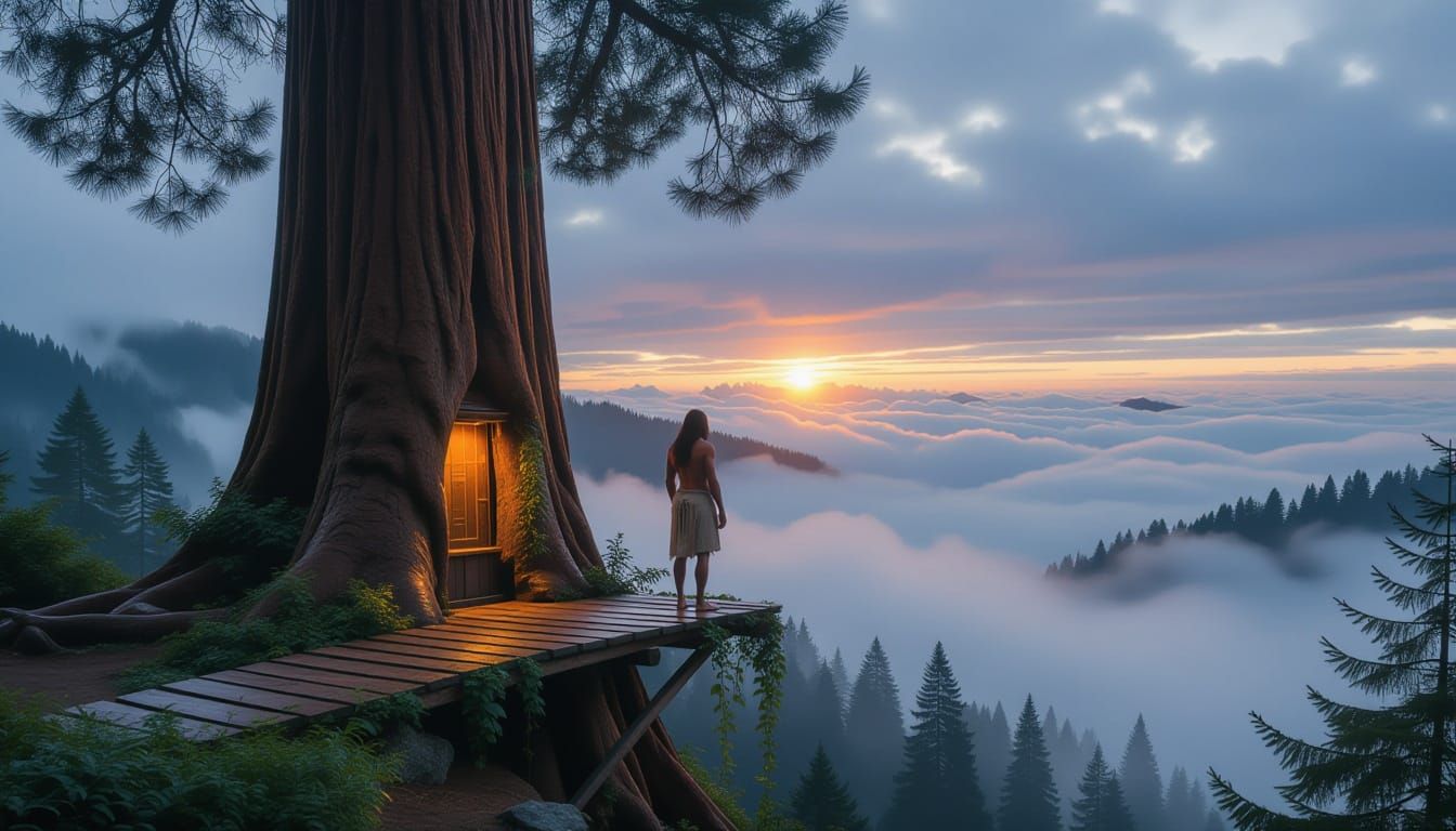 Colossal Redwood Above Misty Forest at Dusk
