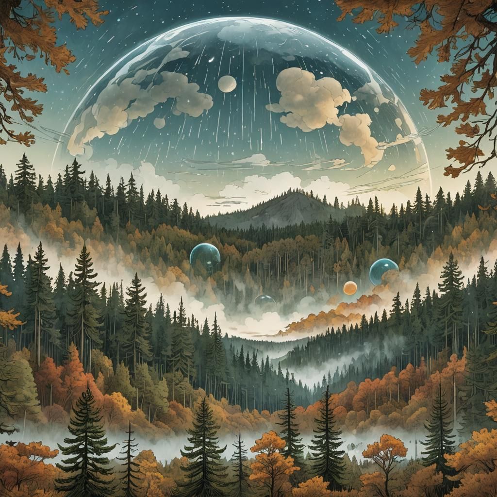 Bouncy Orb in Autumn Pine Forest Panorama