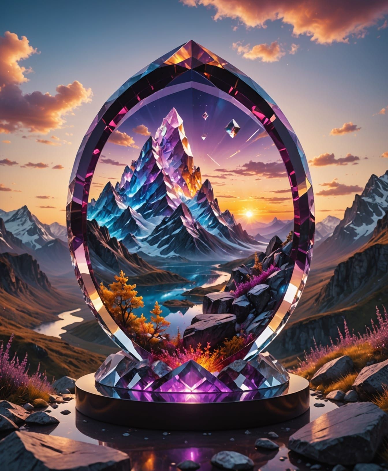 Transparent Crystal Goddess in a Dreamy Gemstone Landscape