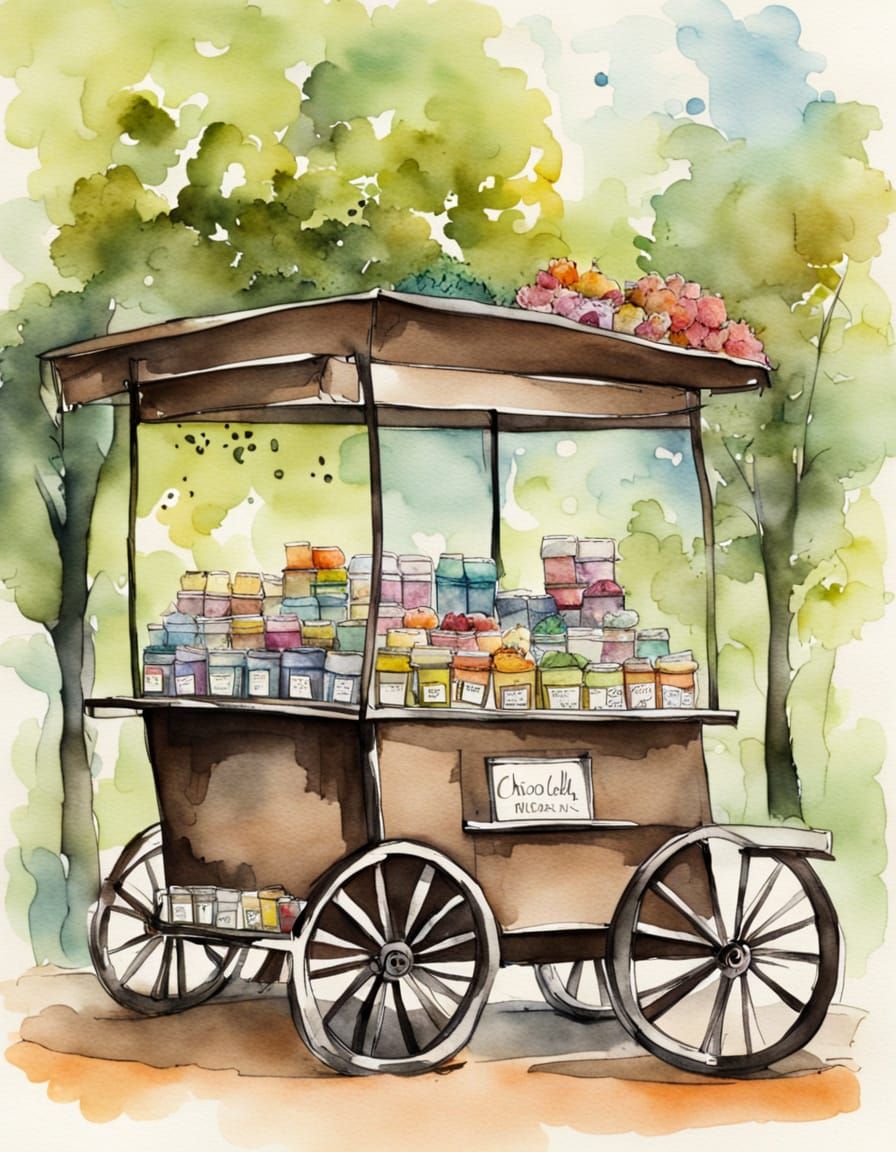 Vibrant Watercolor Vendor Cart in the Park
