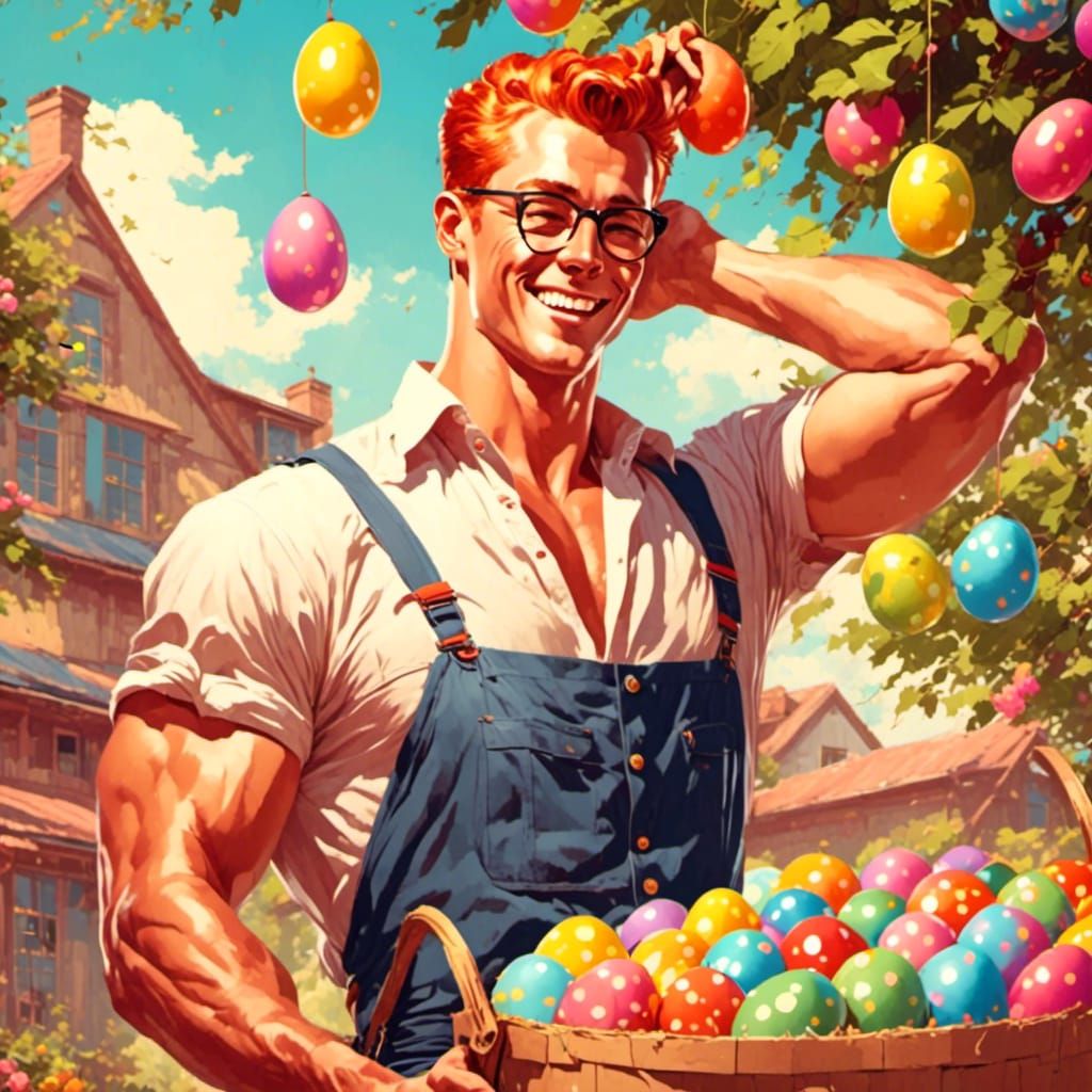 Retro 1950s Farmer with Easter Eggs