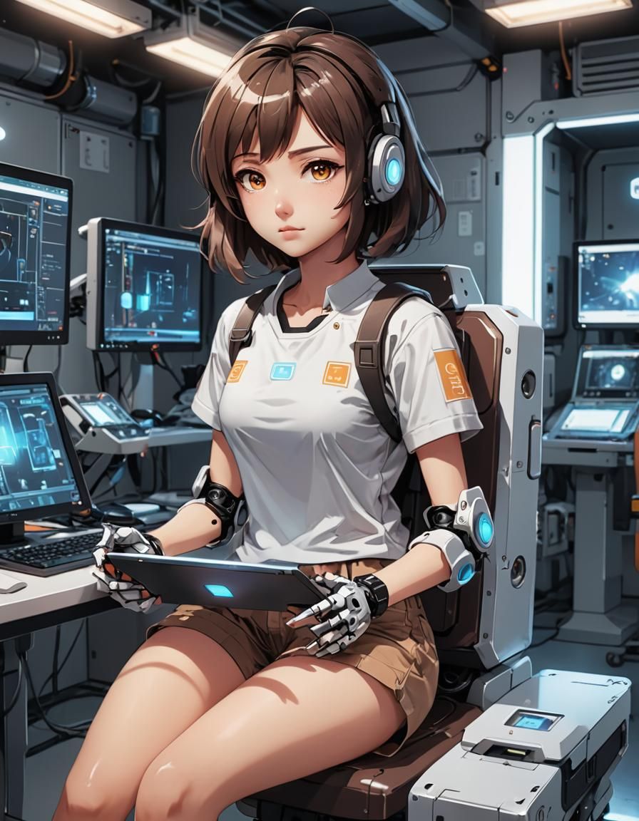 Anime Robot Girl Works on Holographic Computer