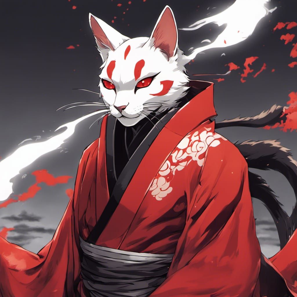 Tabaxi Astral Self Monk with Ghostly Samurai Cat in Anime St...