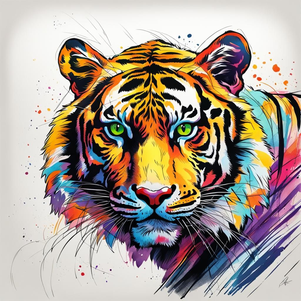 Vibrant Tiger Ink Sketch in Duo Color Style