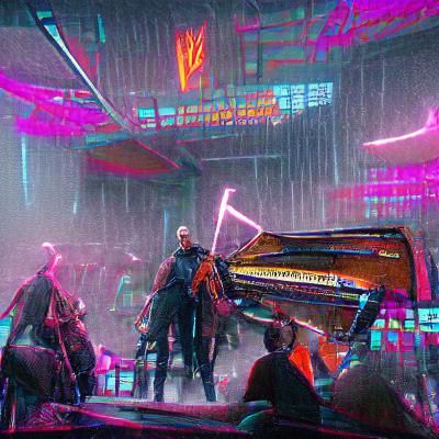 Cyberpunk Orchestra in Neon Cityscape