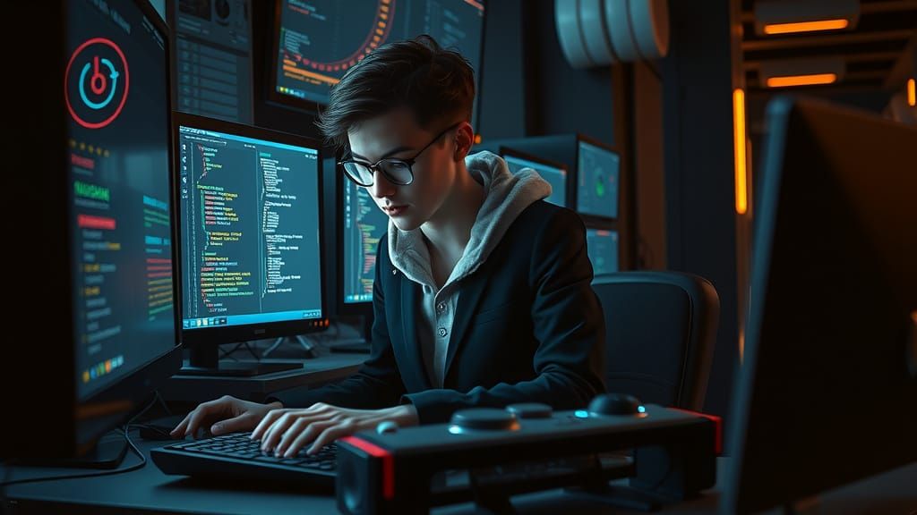 Futuristic Hacker Typing in Neon-Lit Room